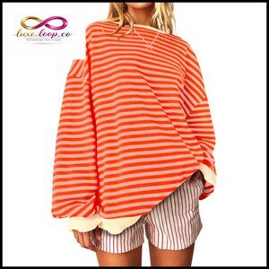 Oversized Striped Crewneck Sweatshirt Loose Fit Color Block Pullover Casual